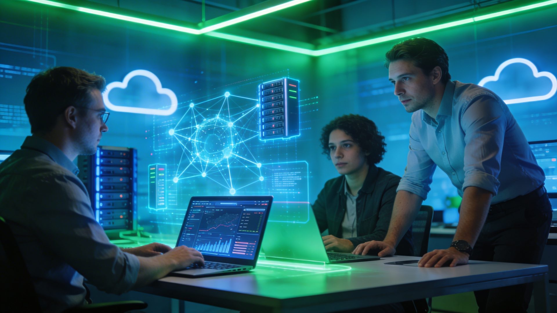 Personen vor Laptops mit technischen leuchtenden symbolen im hintergund, Beispiel für Managed Services