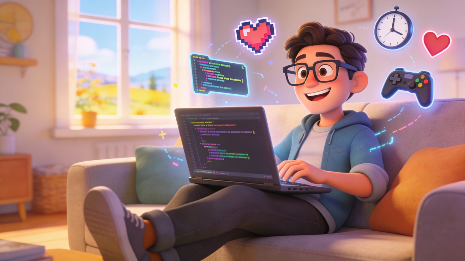 männliche comicfigur mit laptop im wohnzimmer