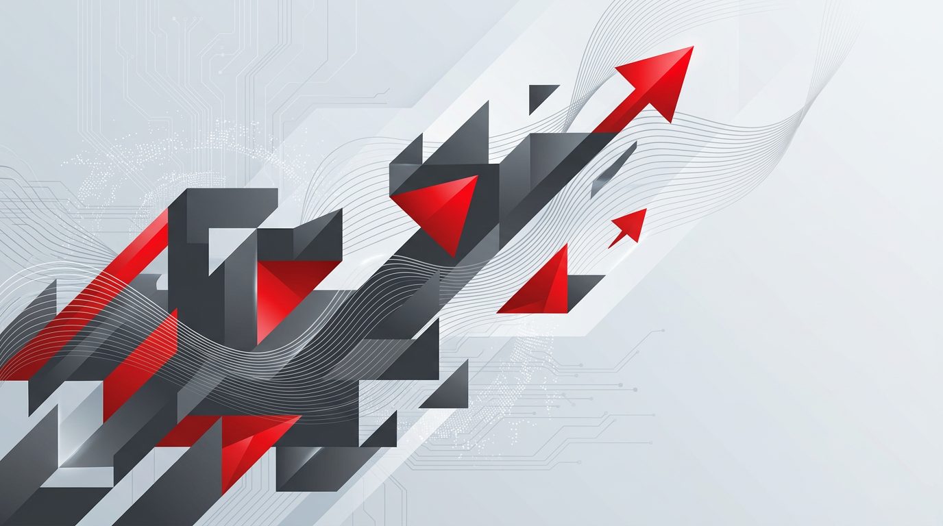 Ein minimalistisches, modernes Logo-Design ohne Text, das Fortschritt und Innovation symbolisiert. Es zeigt asymmetrische, fließende wellenförmige Linien und geometrische Dreiecke in Dunkelgrau, akzentuiert durch helles Rot und helle Grautöne – dynamisch und professionell im 16:9-Querformat