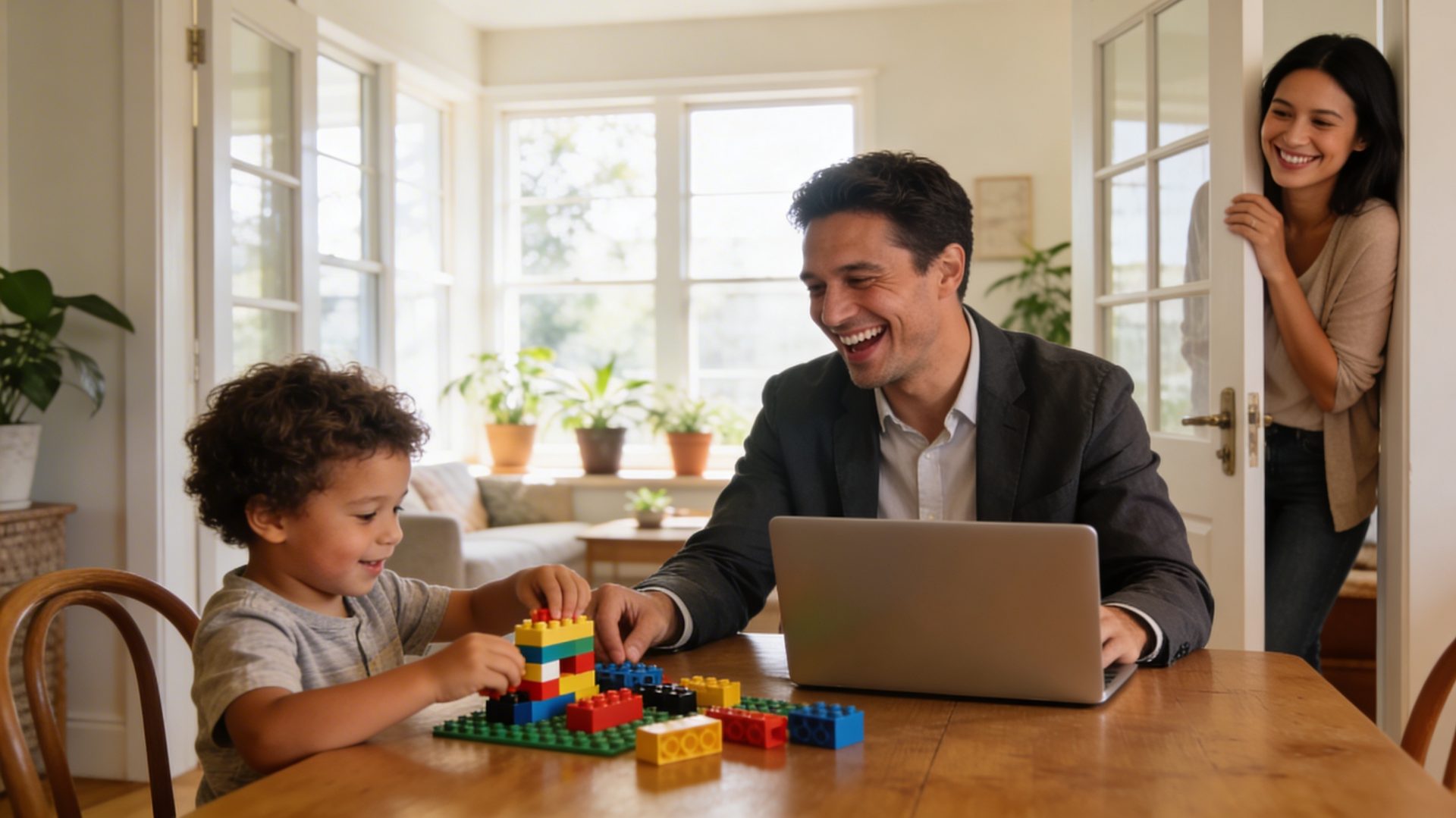 Familie & IT: Vater vor Laptop mit Kind, Mutter schaut von einr Tür zu