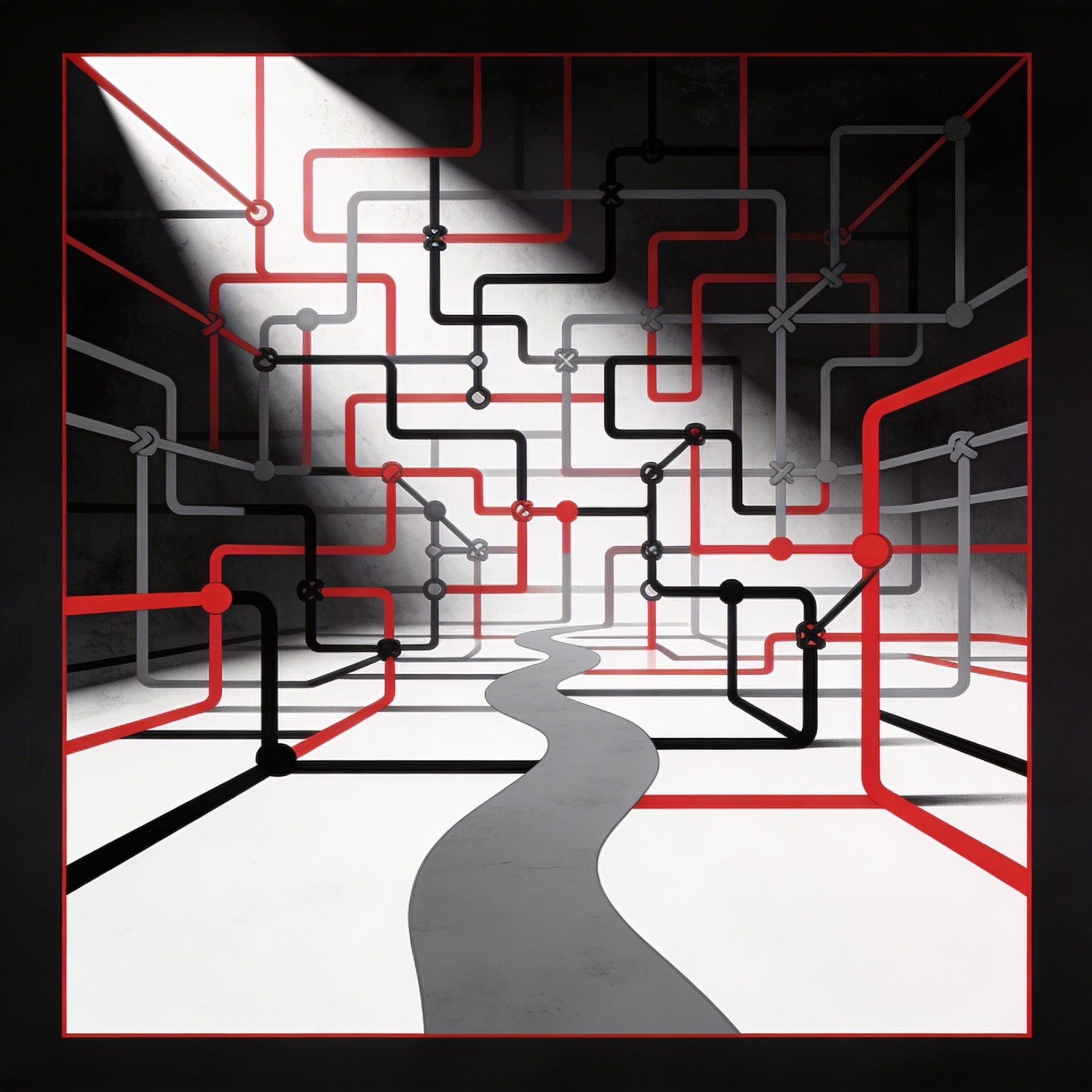 übersichtlicher grauer Pfad oder Fluss, der sich durch endlose Verzweigungen von roten, schwarzen und grauen Linien, Knoten ausbreitet und Komplexität darstelln soll