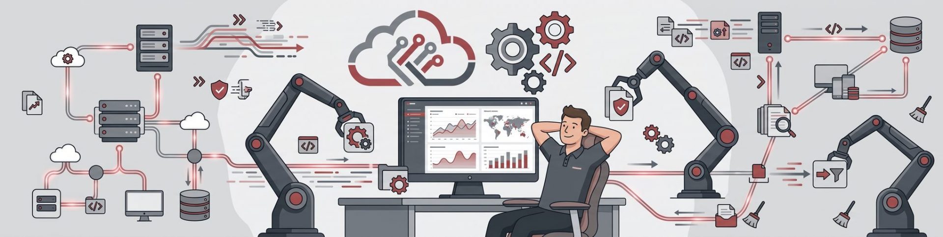Illustration einer automatisierten IT-Umgebung: Vernetzte Computer und Server in Grau-, Rot- und Weißtönen, ein entspannter IT-Administrator vor einem Monitor, Robot-Arme erledigen in Kombination Aufgaben dynamisch im Flat-Design-Stil