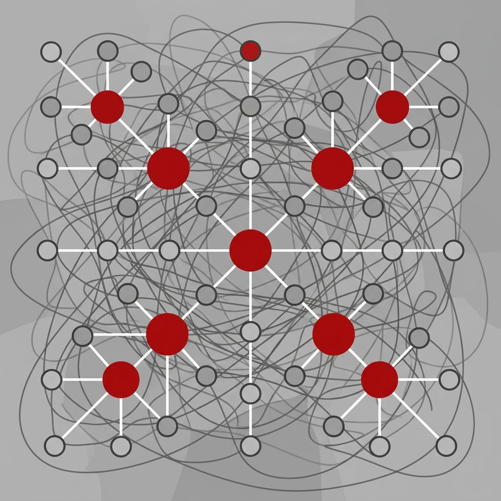 Abstrakte Visualisierung klarer Verantwortung: rote Knotenpunkte mit stabilen grauen Linien über chaotischem Hintergrund