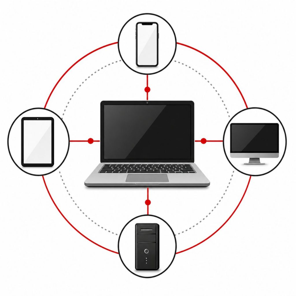 Grauer Laptop verbindet sich mit Smartphone, Tablet und Desktop durch rote Linien auf schwarz-weißem Hintergrund – modernes IT-Geräte-Management-Symbol.