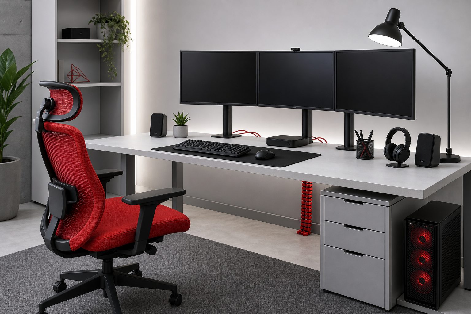 Ergonomischer IT-Arbeitsplatz mit mehreren Monitoren, ergonomischem Stuhl und modernen Tools in den Farben rot, hellgrau, schwarz und weiß für IT-Support und Systemadministration.