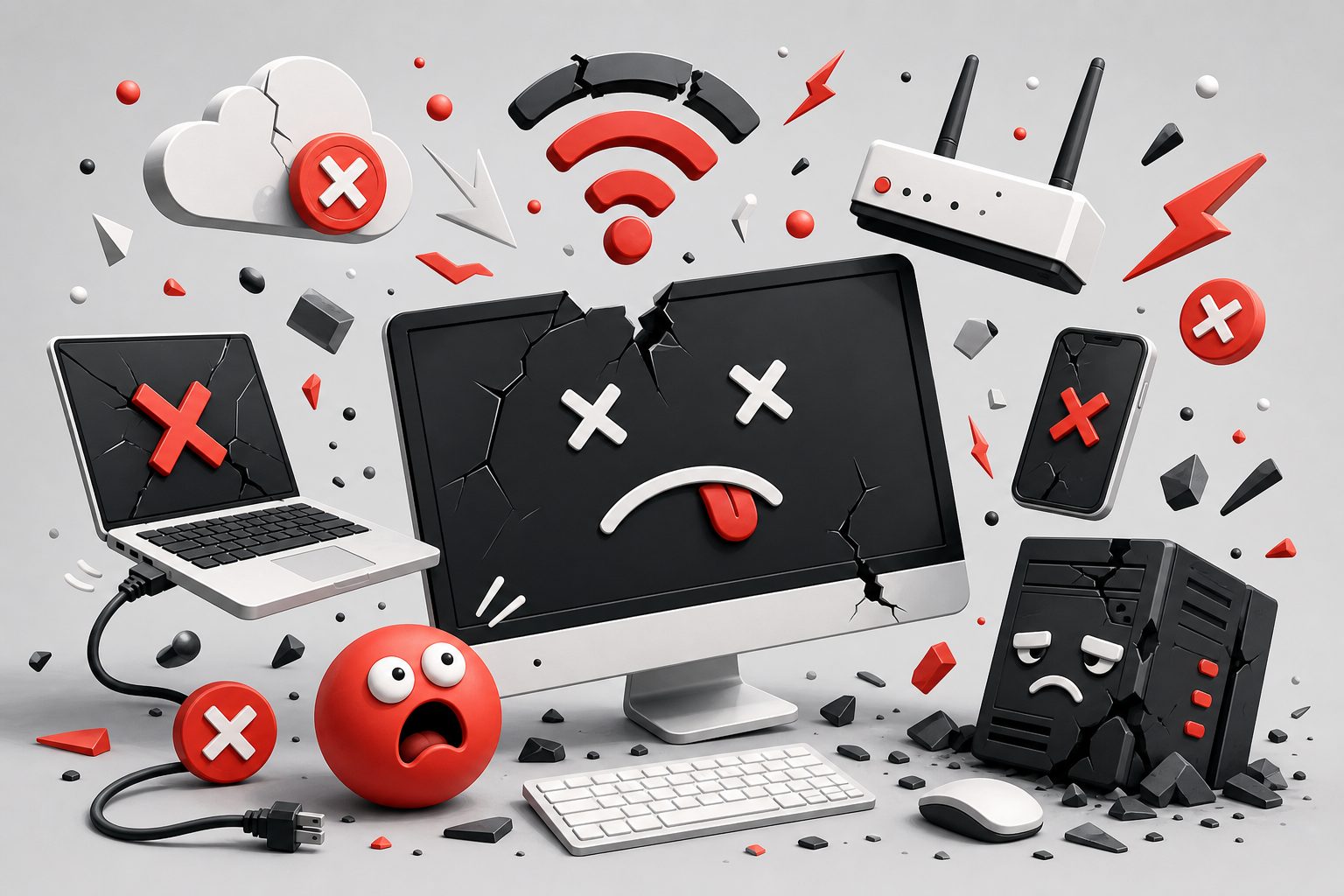 Moderne abstrakte IT-Tech-Komposition in rot, hellgrau, schwarz und weiß ohne Text, die typische digitale Probleme wie zerbrochene Computer-Symbole, gestresste WiFi-Signale und Fehlerkreuze visualisiert.