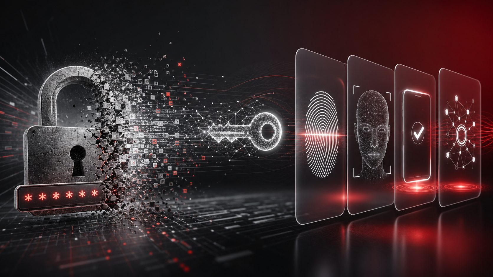 Modernes, futuristisches Blog-Header-Bild in Rot, Hellgrau, Schwarz und Weiß zum Thema Zukunft der Authentifizierung und passwortlose Sicherheit.
