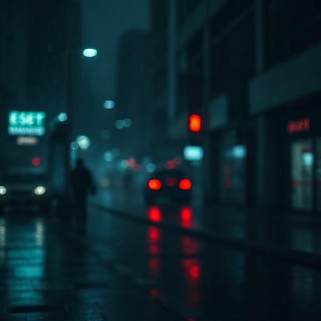 Unscharfe nächtliche Straßenszene mit ESET-Schriftzug, roten Lichtreflexen und urbaner, düsterer Atmosphäre.