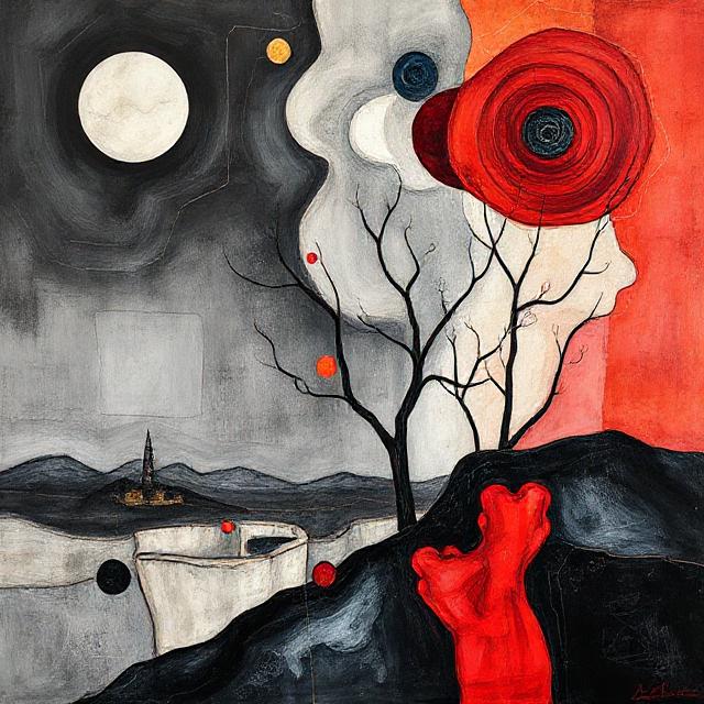 Abstraktes Kunstbild mit rot-schwarzen Kontrasten, einem hellen Mond, kahlen Bäumen und einer surrealen Landschaft um die Fehlersuche im Support zu abstrahieren
