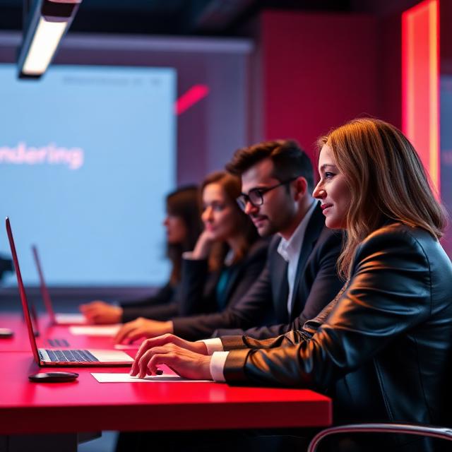 Eine professionelle Teams-Besprechung mit vier Personen am Konferenztisch vor einem Laptop, in modernem Büro mit roter Beleuchtung.