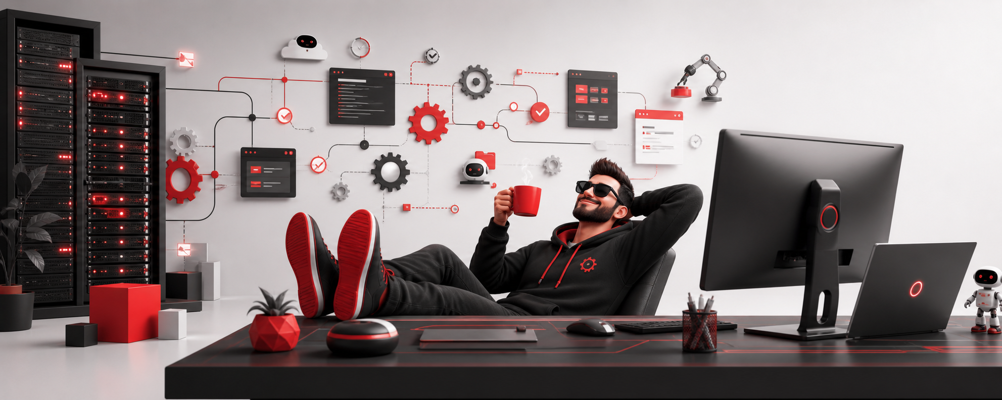 Ein IT-Administrator sitzt am Schreibtisch zwischen Server- und Workflow-Symbolen; das Bild zeigt Automation, Effizienz und Kaffee, in Rot, Hellgrau, Schwarz und Weiß.