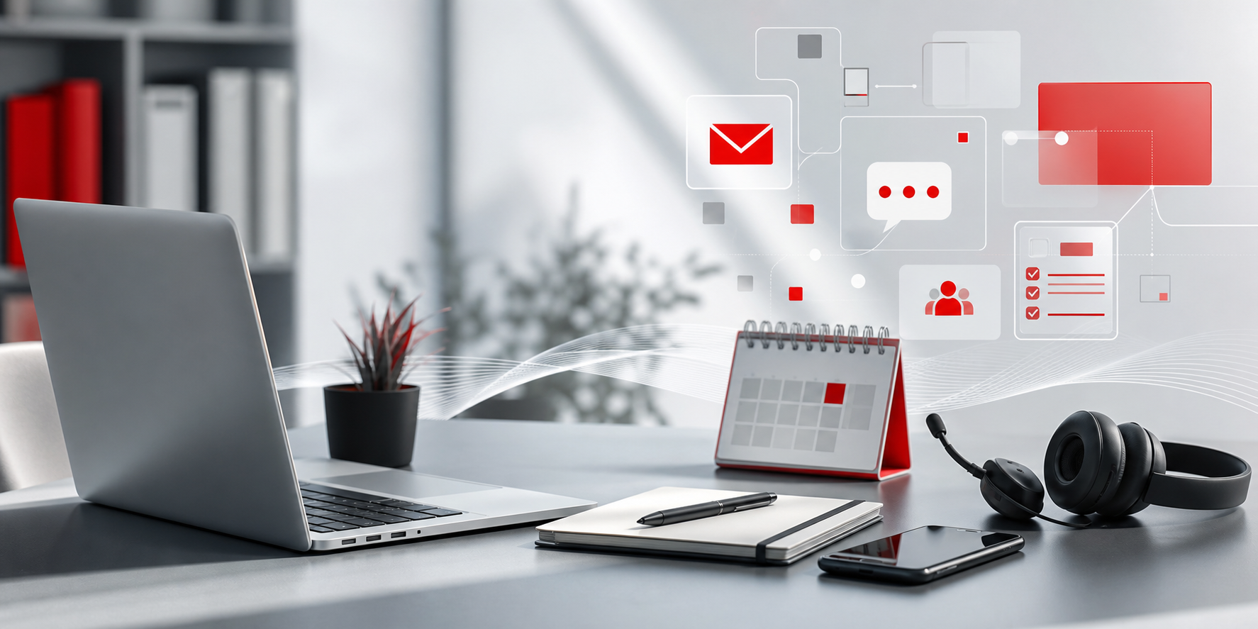 Moderner Arbeitsplatz mit Laptop, Smartphone, Kalender und Headset in Rot, Hellgrau, Schwarz und Weiß – passend zum Thema Microsoft 365.