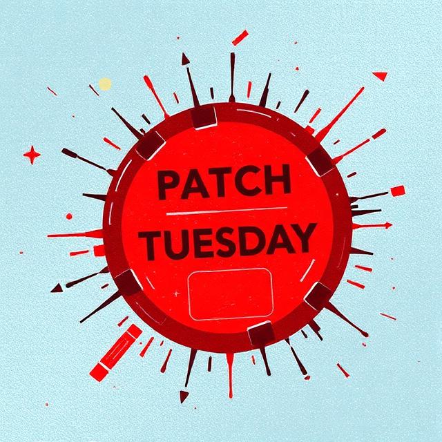 Rotes rundes Patch-Tuesday-Symbol mit schwarzen und weißen Update-Strahlen auf hellgrauem Hintergrund.
