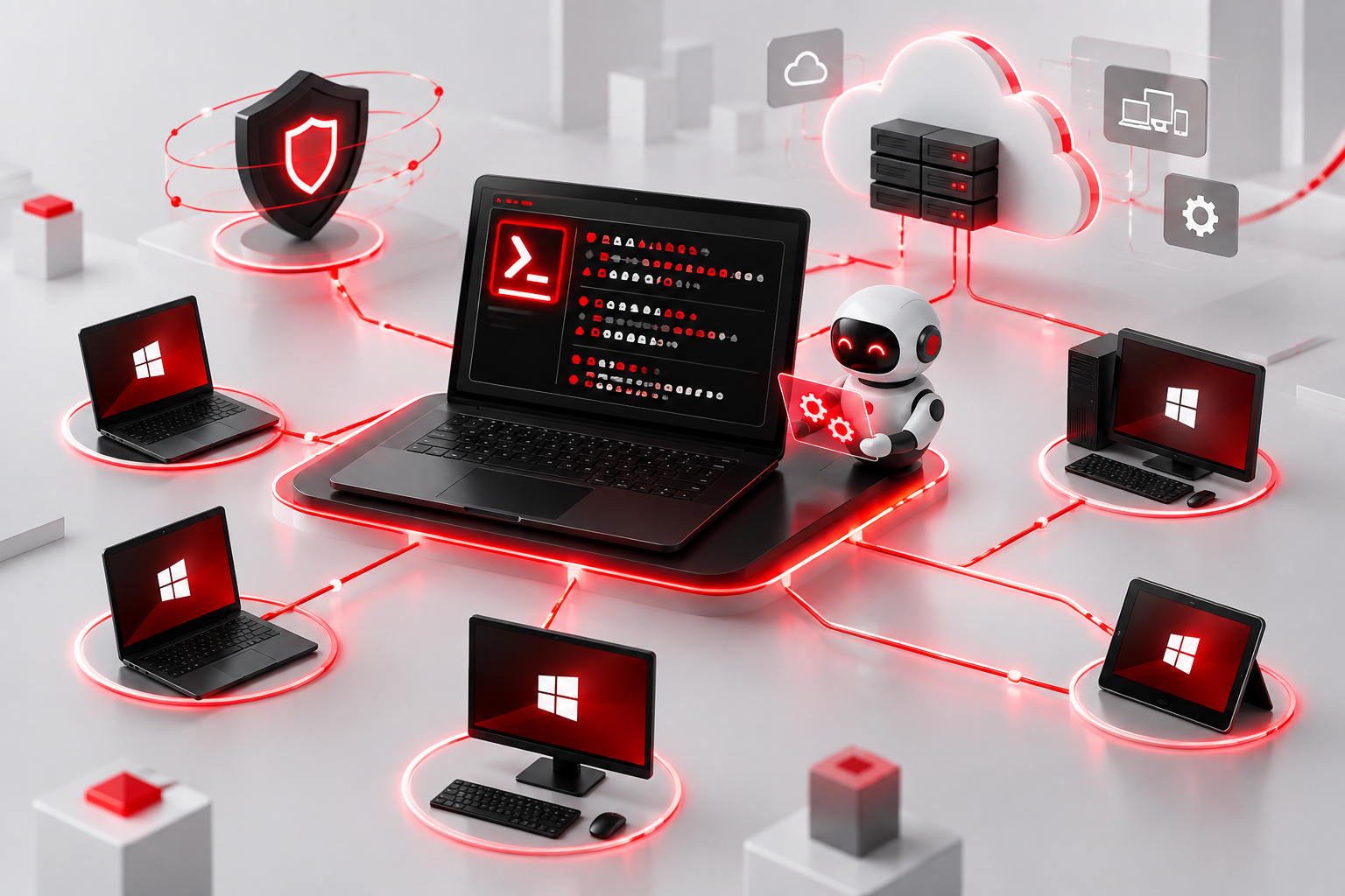 Moderne IT-Arbeitsumgebung mit schwarzem Laptop, roten Powershell Automatisierungsverbindungen und vernetzten Endgeräten auf hellgrauem Hintergrund.